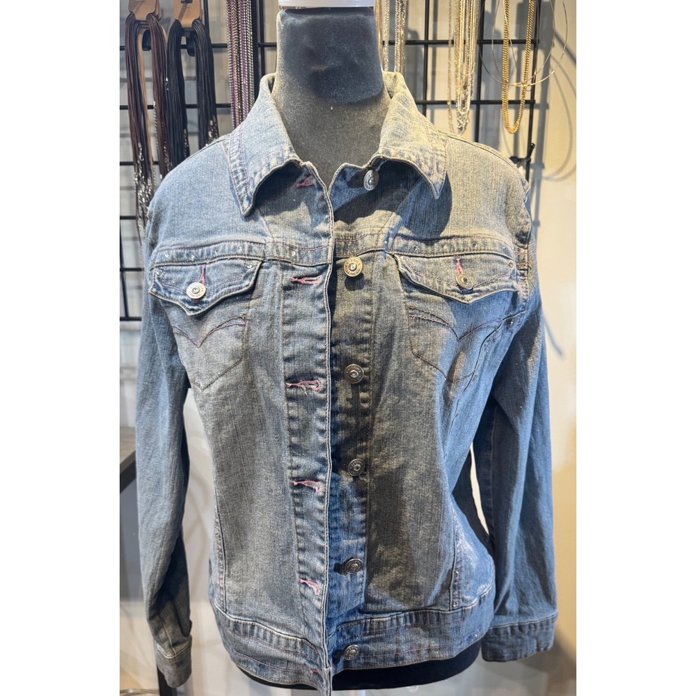 Arizona Jean Co Blue Denim Jacket Pink Contrast Stitching Cinch Back Rhinestone